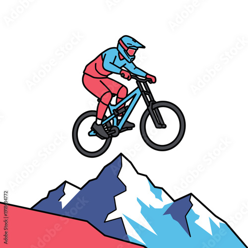 Mountain Biker Jumping Over Snowy Peaks, Extreme Sports