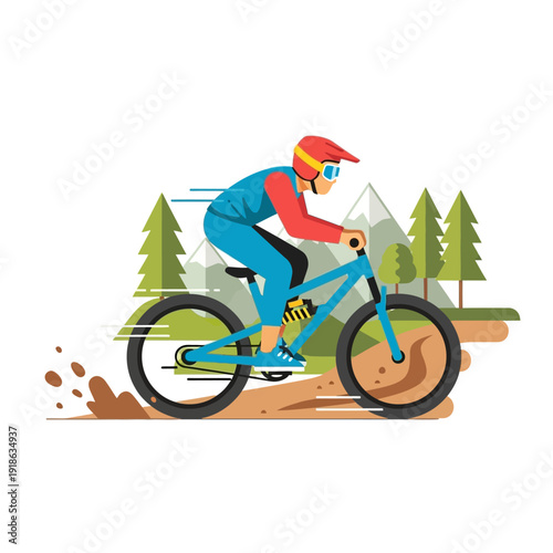 Mountain Biker Riding Downhill Trail with Mountains and Trees Background
