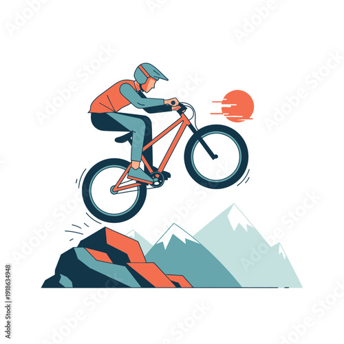 Mountain Biker Jumping Over Rocks with Sun and Snowy Peaks