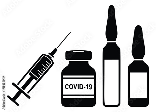 Line art medical set featuring a syringe, COVID-19 vaccine vial, and ampoules for healthcare and vaccination
