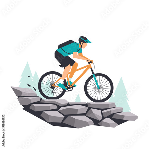 Mountain biker riding on rocky terrain with trees in the background, vector illustration