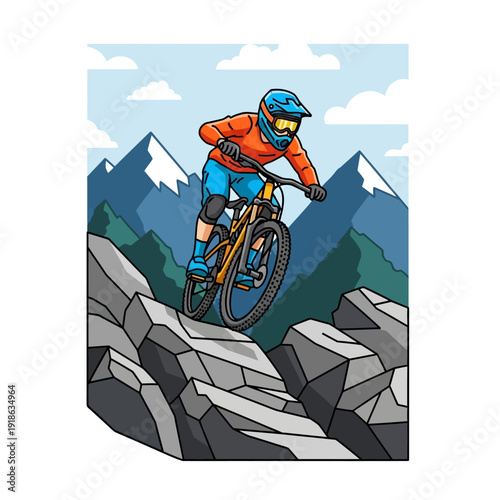 Mountain biker descending rocky terrain with snowy peaks in background