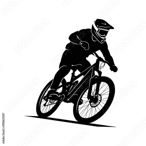 Silhouette of a person riding a downhill mountain bike, action sport