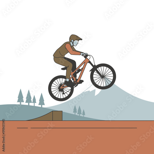 Mountain biker jumping over a ramp in a stylized landscape with mountains