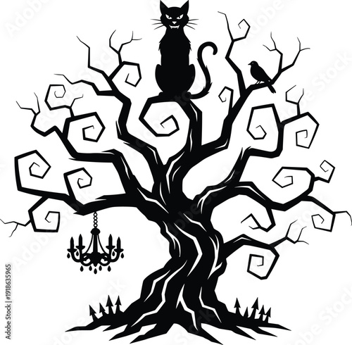 Spooky Halloween Haunted Tree Silhouette with Creepy Curved Branches Featuring a Black Cat Crow and Gothic Chandelier Isolated on White Background for Holiday Graphic Design