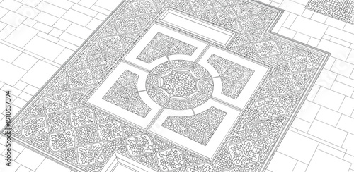 Aerial view of a geometric courtyard design with intricate patterns and symmetrical shapes