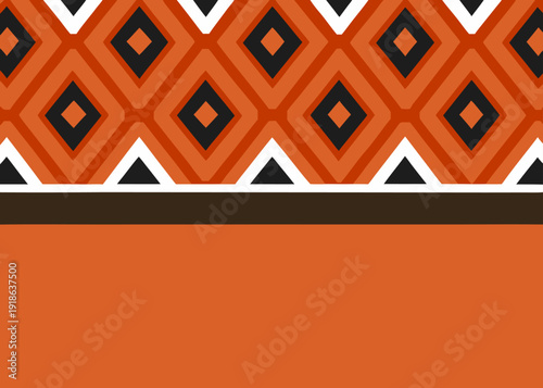 Seamless african tribal pattern with orange and black geometric diamond shapes on a warm background.