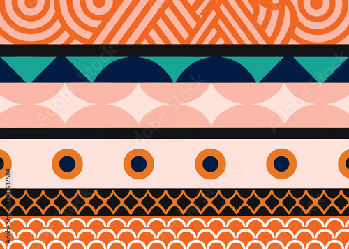 Vibrant ethnic geometric seamless pattern with horizontal bands of tribal motifs and shapes