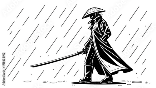 Samurai warrior standing in rain with sword