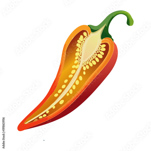 Curvy orange chili pepper with seeds for spicy recipe design and organic seasoning market promotional graphic materials - Vector Illustration