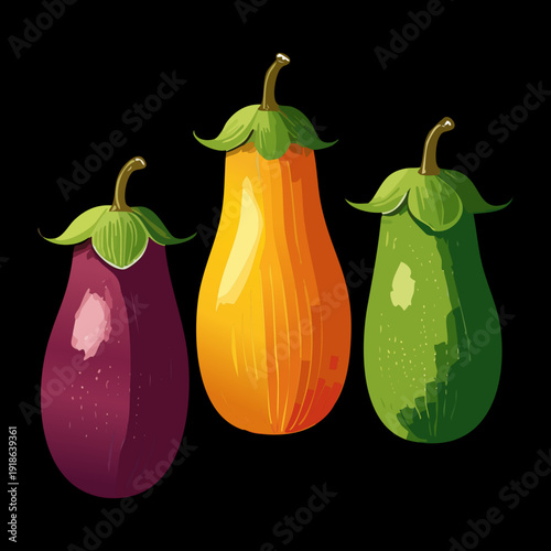 Three purple and yellow vegetables for creative culinary design and organic farm produce market and healthy diet - Vector Illustration