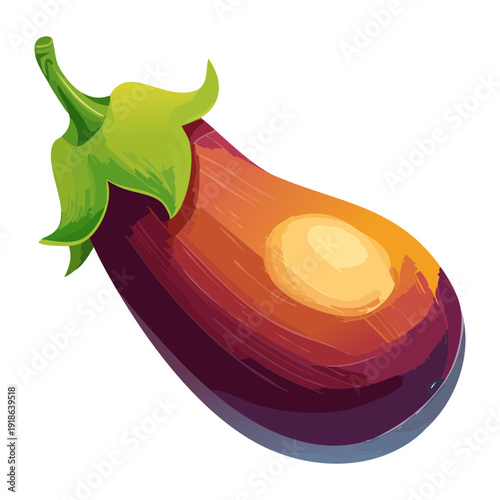 Fresh purple eggplant with green stem for organic vegetable market and healthy vegetarian cooking recipes and icons - Vector Illustration