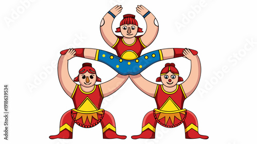 Three acrobats performing dynamic stunt together in colorful costumes