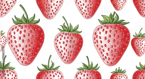 Hand drawn strawberry fruit vector illustration with detailed texture, botanical pattern design, fresh red berries, green leaves, decorative background artwork