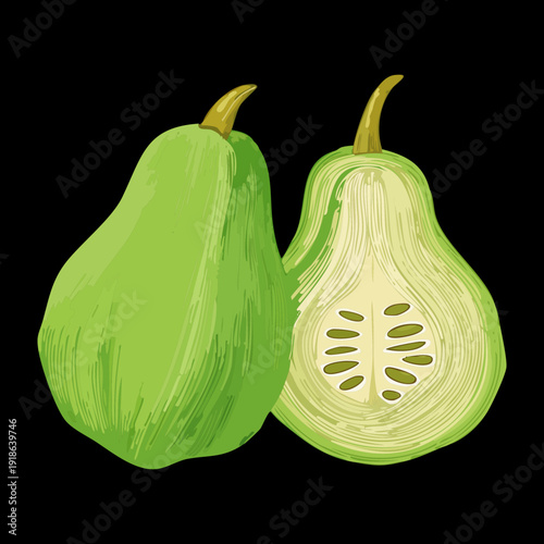 Pair of fresh green pears with seeds for healthy organic fruit diet and natural garden harvest concepts - Vector Illustration