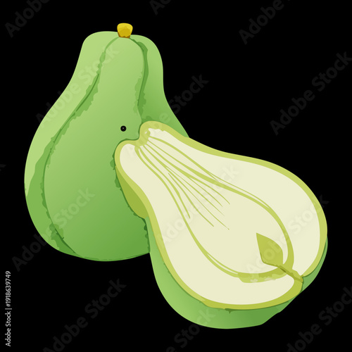 Whole green pear and its half showing juicy texture for healthy organic fruit branding and nature concepts - Vector Illustration