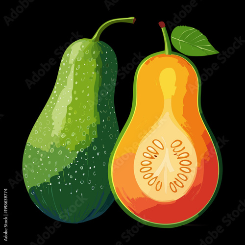 Pair of fresh green cucumbers showing detailed skin and seeds for healthy organic salad and vegetable market - Vector Illustration