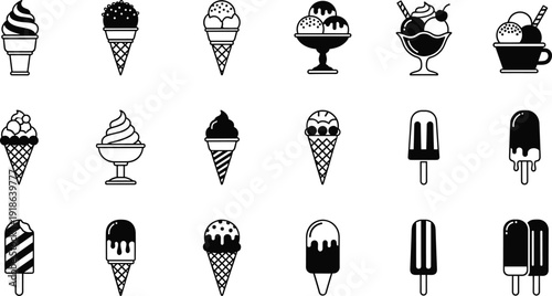 Ice cream icons in silhouette style featuring cones, sundaes, popsicles, cups, toppings, frozen dessert variety, sweet treat design concepts
