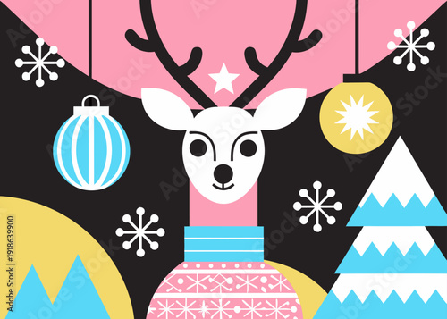 A festive illustration displays a white deer wearing a patterned sweater surrounded by holiday ornaments and snowflakes against a dark black background.