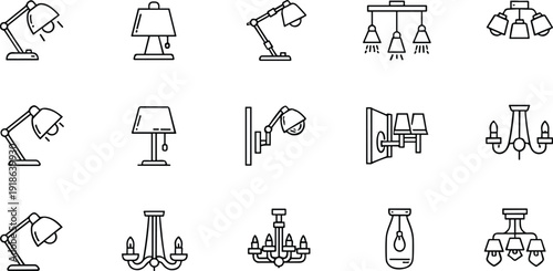 Lamp silhouette illustration with desk lamps, table lights, chandeliers, pendant fixtures, creative vector art for interior design themes