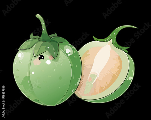 Two green round vegetables with sliced half showing seeds for healthy organic cooking and garden harvest icons - Vector Illustration