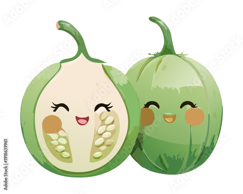 Two cute green round vegetables with smiling faces for healthy kids food branding and organic garden icons - Vector Illustration
