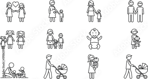 Line art icons of diverse family and parenting scenarios including pregnancy, childcare, bonding, children, strollers, heart symbols, nurturing lifestyle concepts