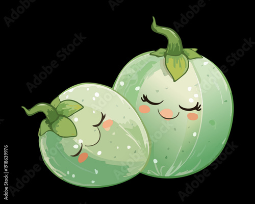 Pair of smiling green round vegetable characters for healthy eating education and organic garden mascot graphic design - Vector Illustration