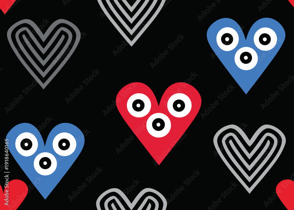 Fototapeta premium Seamless pattern featuring colorful hearts with eyes and grey concentric heart shapes on black.