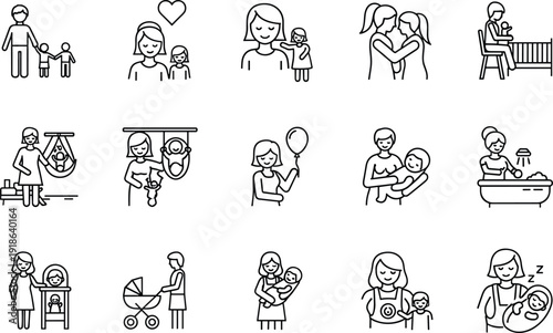 Line art parenting and childcare icons, mothers with babies, strollers, cribs, bonding, caregiving, maternal activities, family life, vector illustration design