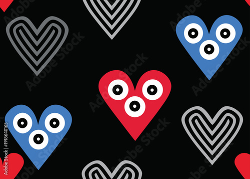 Seamless pattern featuring colorful hearts with eyes and grey concentric heart shapes on black.