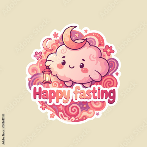 Happy fasting with cute cloud and crescent moon lantern Islamic illustration in pink hues and swirling patterns
