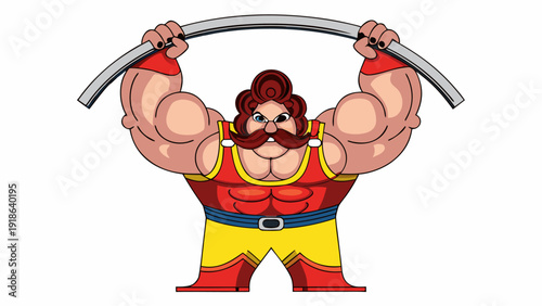 Muscular cartoon character flexing with metal bar
