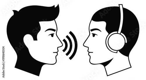 Line art illustration of two people depicting communication and listening for audio concepts