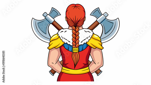 Brave warrior woman with red hair and double axes ready for battle