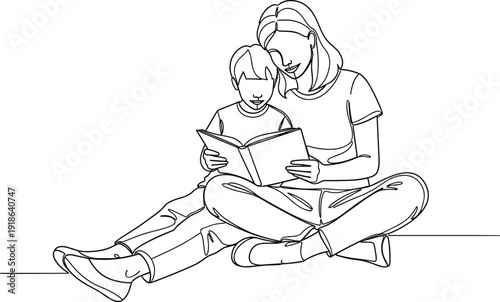 Minimalist line drawing of adult and child sitting cross‑legged reading book together, symbolic nurturing education and storytelling design