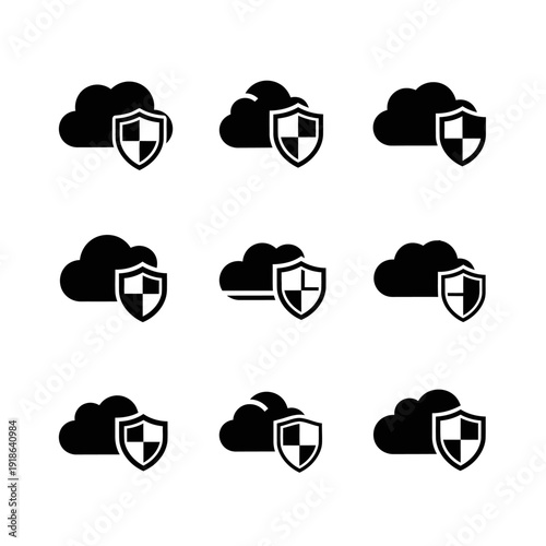 Cloud security shield logo set combining protection concept and cloud silhouette in bold black solid flat vector