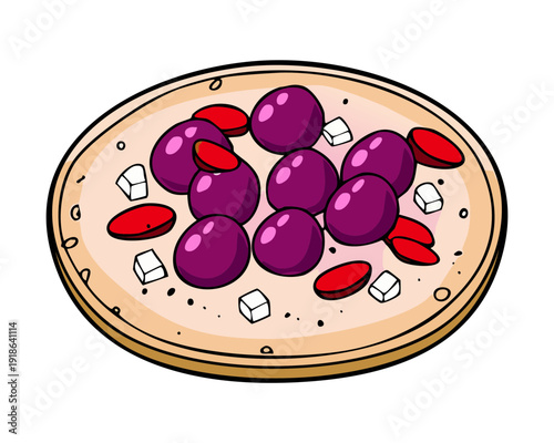 Small round focaccia bread topped with fresh purple grapes and herbs for a savory italian snack - Vector Illustration