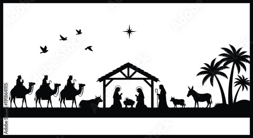 Nativity scene silhouettes with stable, star, Mary, Joseph, baby Jesus, wise men, animals, Christmas religious illustration, holiday concept design