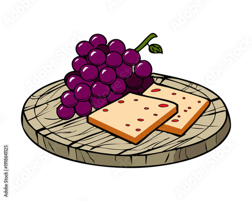 Simple snack platter with fresh purple grapes and crackers served on a round wooden cutting board - Vector Illustration