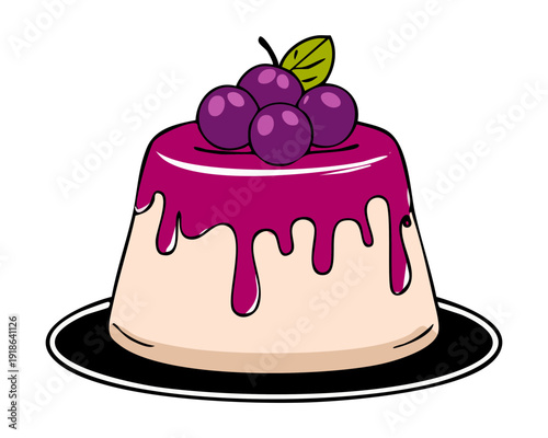 Creamy panna cotta pudding topped with purple grape syrup and fresh fruit on a dark plate - Vector Illustration