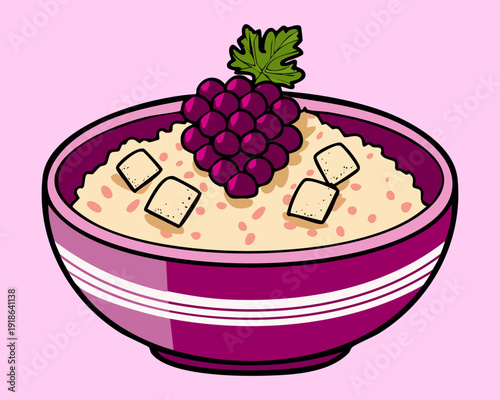 Healthy oatmeal bowl topped with fresh purple grapes and seeds for a nutritious and delicious breakfast - Vector Illustration
