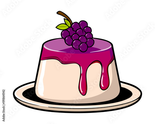 Vanilla panna cotta dessert with dripping purple grape glaze and a bunch of fresh sweet fruit - Vector Illustration
