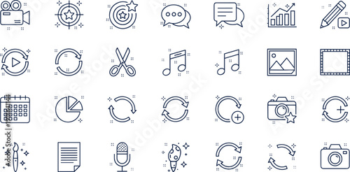 Multimedia creative icon set, video editing tools, music social media symbols, camera photography photography interface, chart graph calendar elements, isolated,