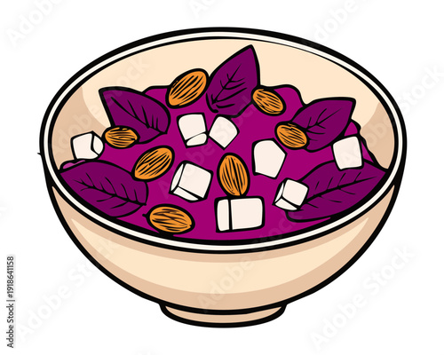 Garden fresh salad with purple grapes and feta cheese cubes in a ceramic bowl for dinner - Vector Illustration