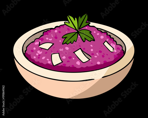 Refreshing purple fruit salad bowl mixed with fresh greens and berries for a healthy snack option - Vector Illustration