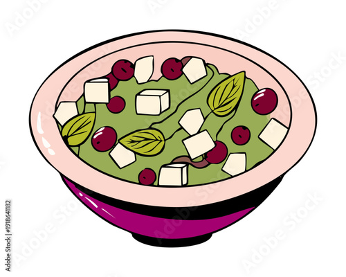 Mixed greens salad with purple grapes and feta cheese served in a dark purple ceramic bowl - Vector Illustration