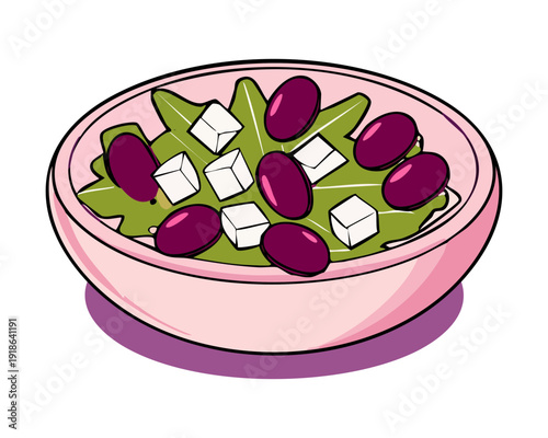 Fresh vegetable salad with purple grapes and cheese cubes served in a purple bowl for meal - Vector Illustration