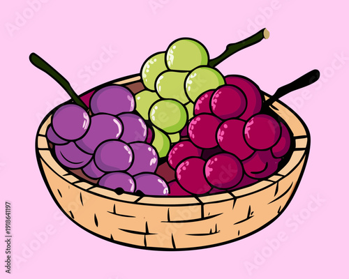 Basket full of fresh green and purple grapes harvested from the vineyard for a healthy snack - Vector Illustration
