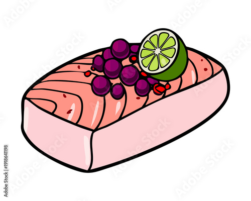 Grilled salmon fillet topped with fresh purple grapes and lime for a gourmet seafood dinner dish - Vector Illustration